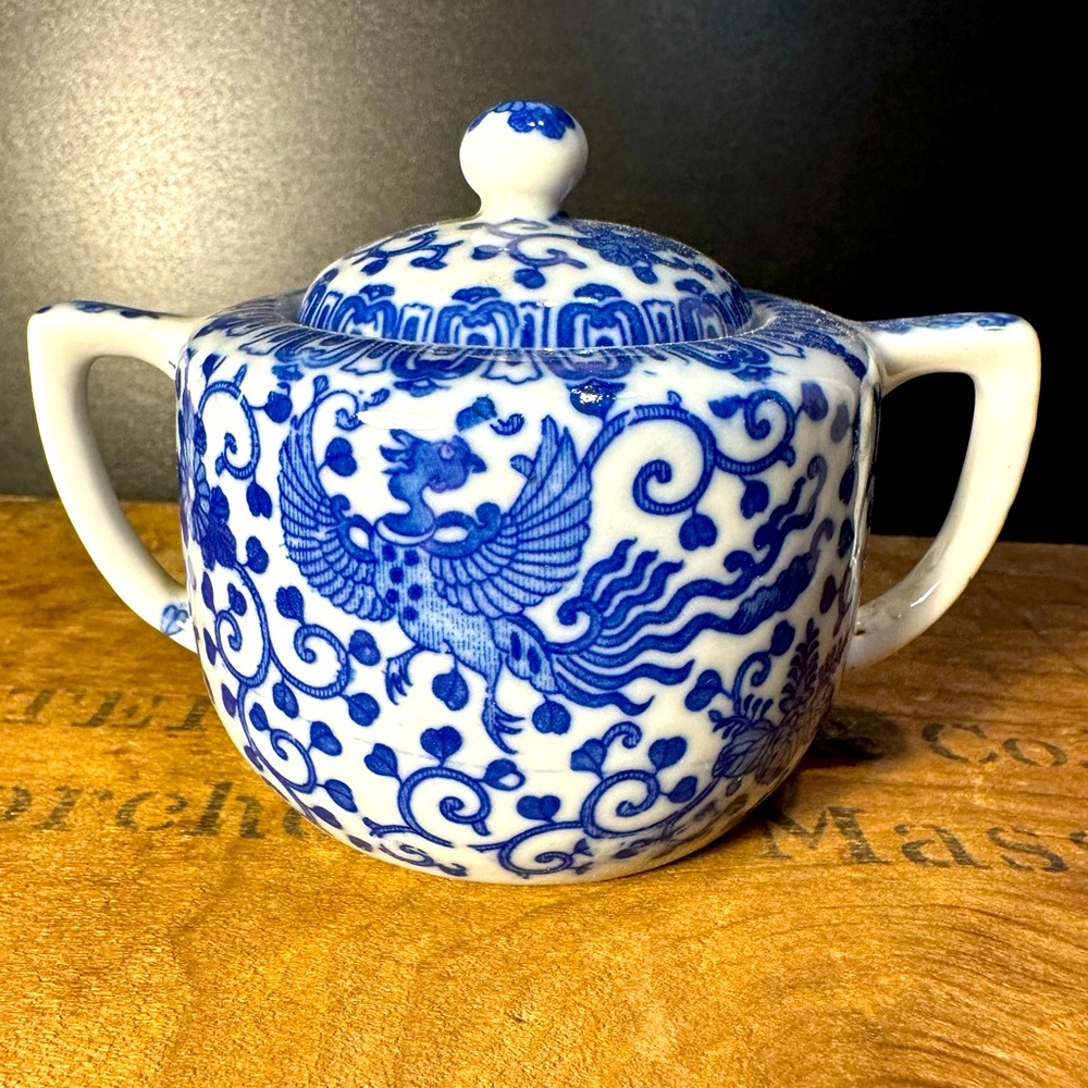Noritake Morimura Phoenix Bird Sugar Bowl-Vintage Blue and White Porcelain